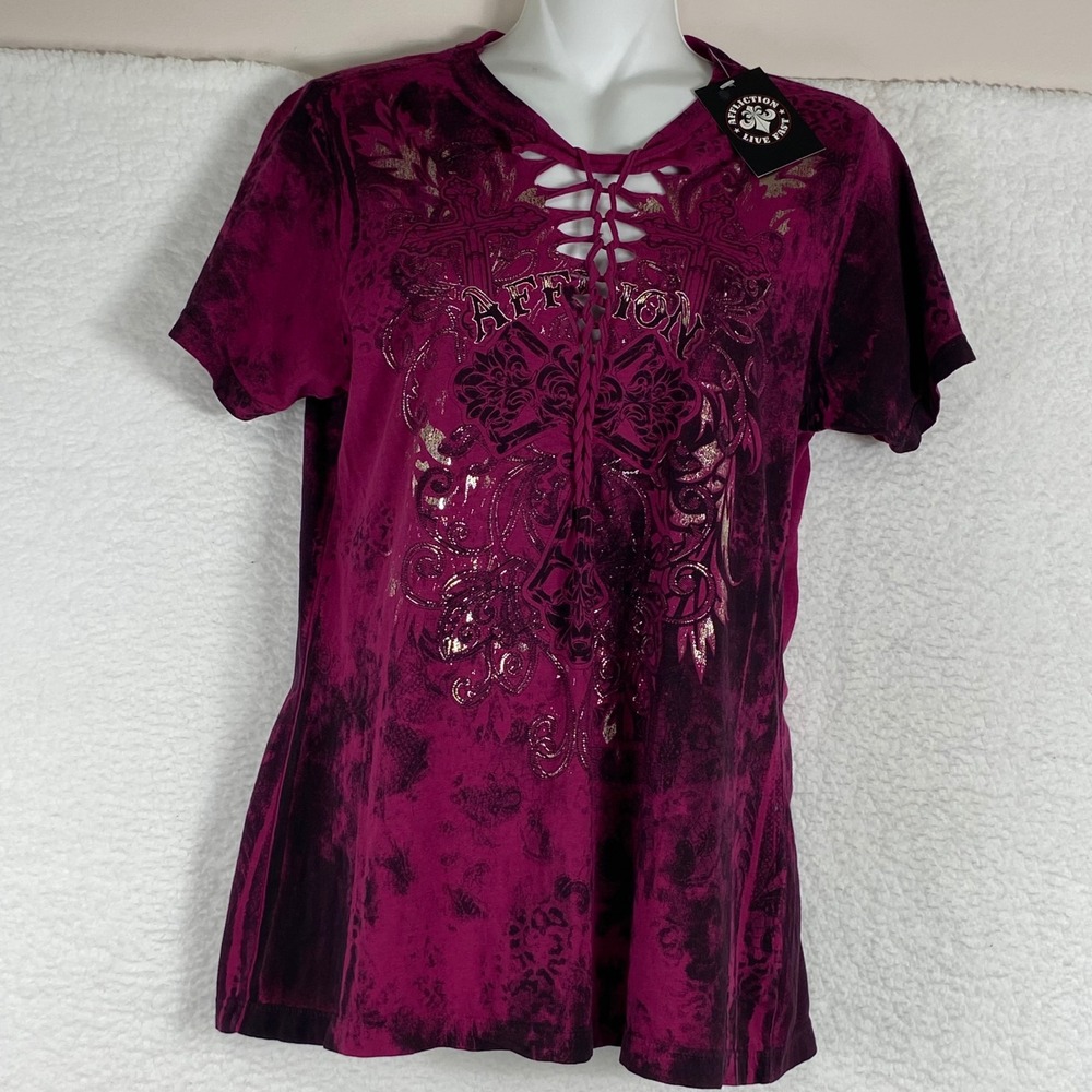 Affliction Diamondhead Lace Up Braided Back Tee Magenta Black Foil NWT Large